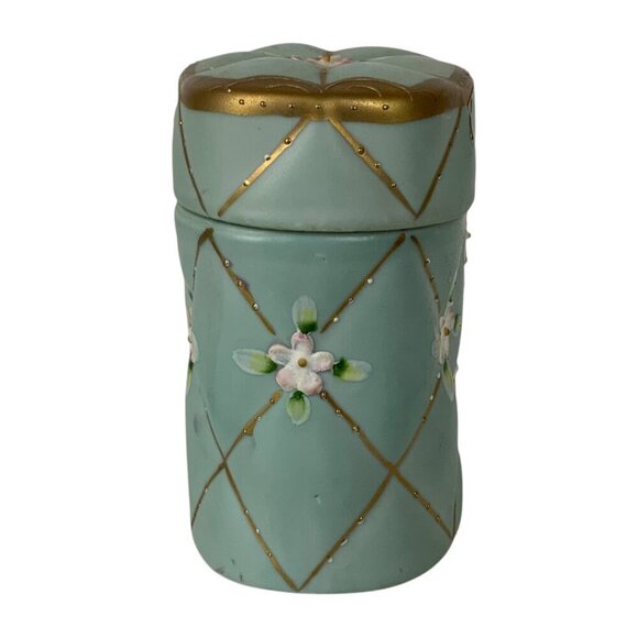 Vintage Vanity Hidden Lint Brush in Ceramic Box With Floral Design Gold Accents - Picture 5 of 7